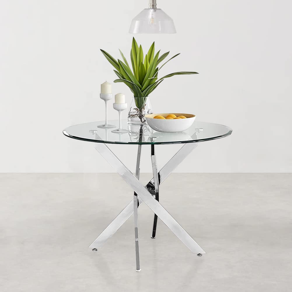 Runder Esstisch Glas Moderner Küchentisch Runder Glastisch Esszimmertische für Esszimmer Wohnzimmer Küche, Silber 80cm DE | LEUKHOUSE