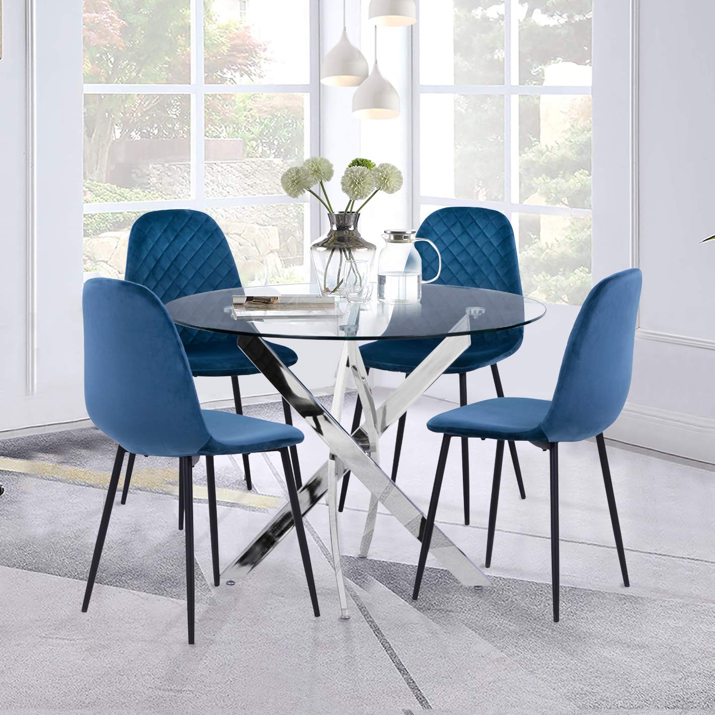 4er Set Esszimmerstuhl Samt Grün Samtstuhl Moderner Eleganter Küchenstühle Wohnzimmer Stuhl mit Schwarze Stuhlbeine, Blau DE | LEUKHOUSE