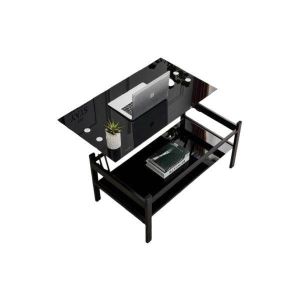 Coffee Table. Black Rectangular Glass with Liftable Glass Top | LEUKHOME